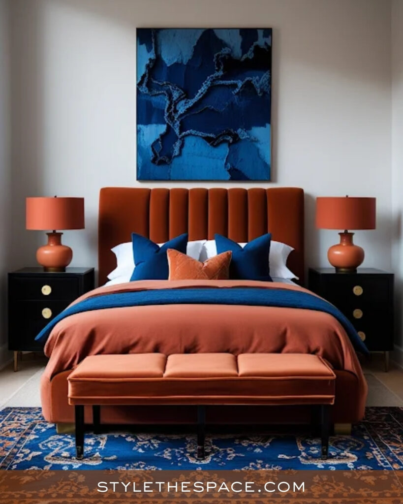 Terracotta Bedroom with Deep Blue Contrast
