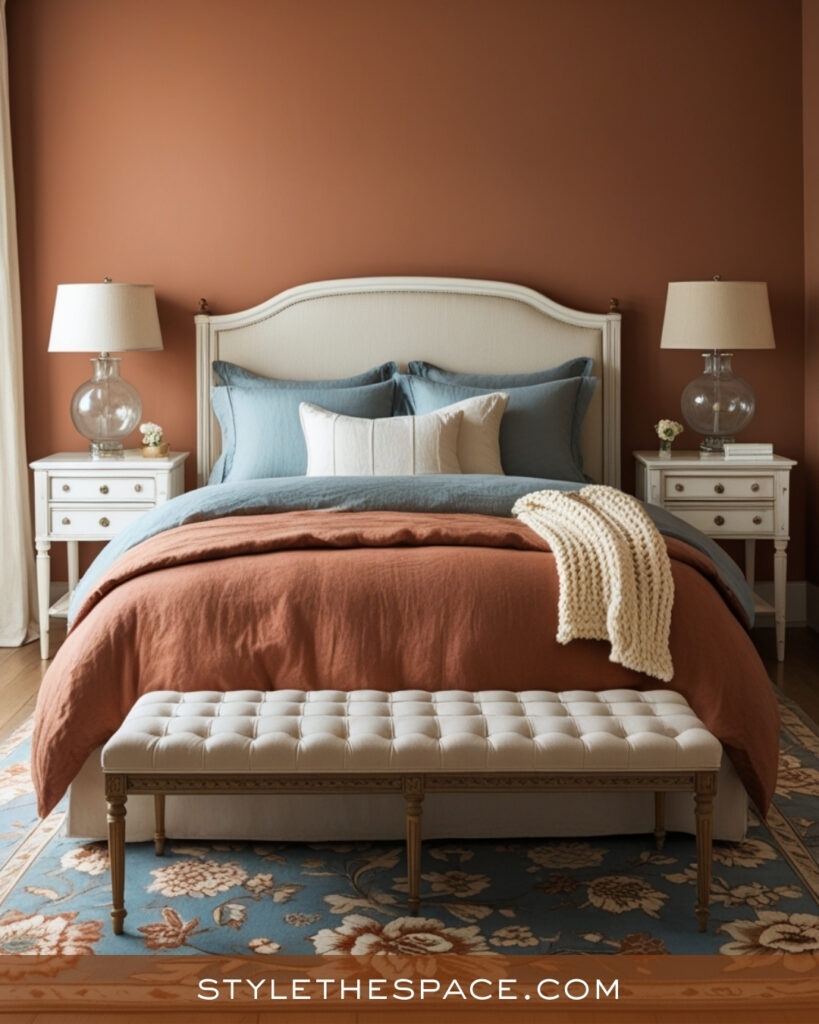 Soft Terracotta Bedroom with Blue Accents