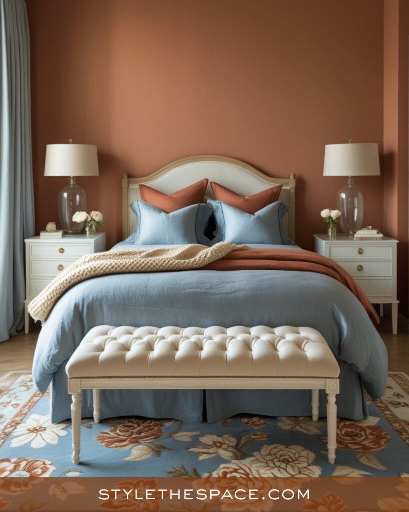 Soft Terracotta Bedroom with Blue Accents