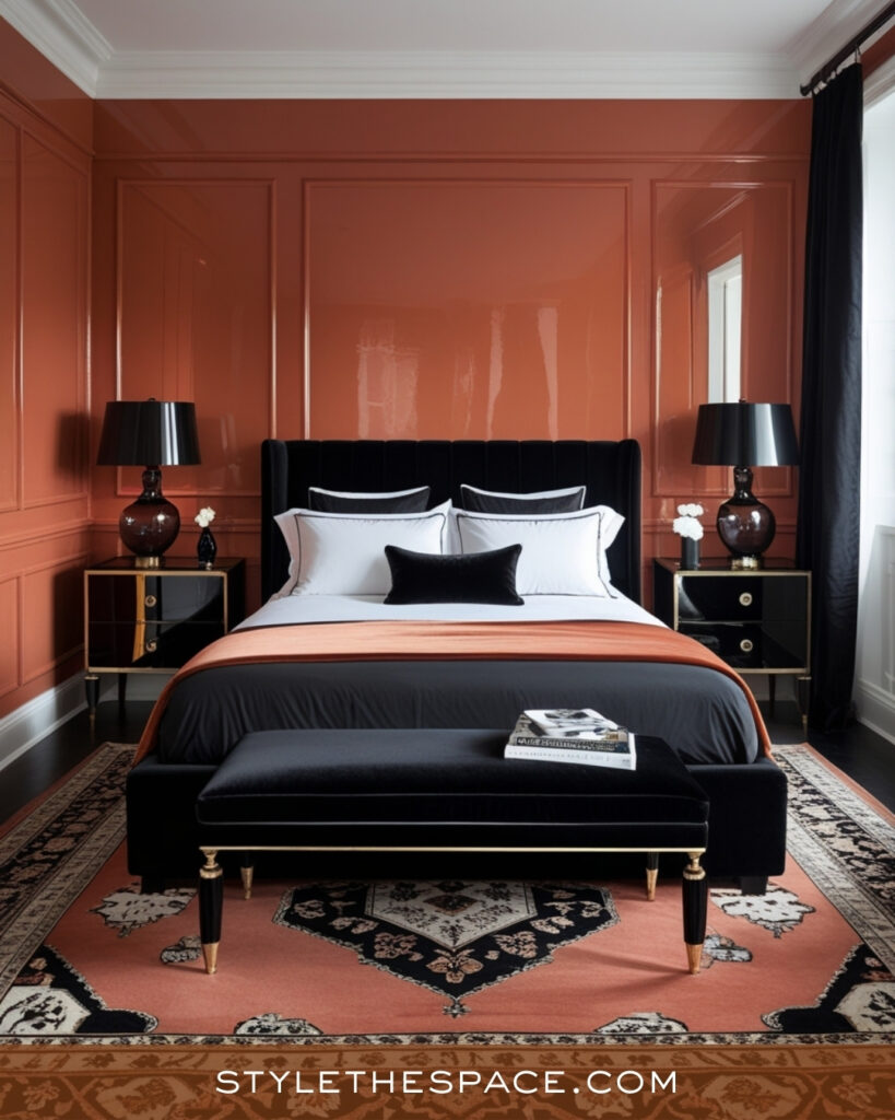 Elegant Terracotta Bedroom with Black and Brass Accents