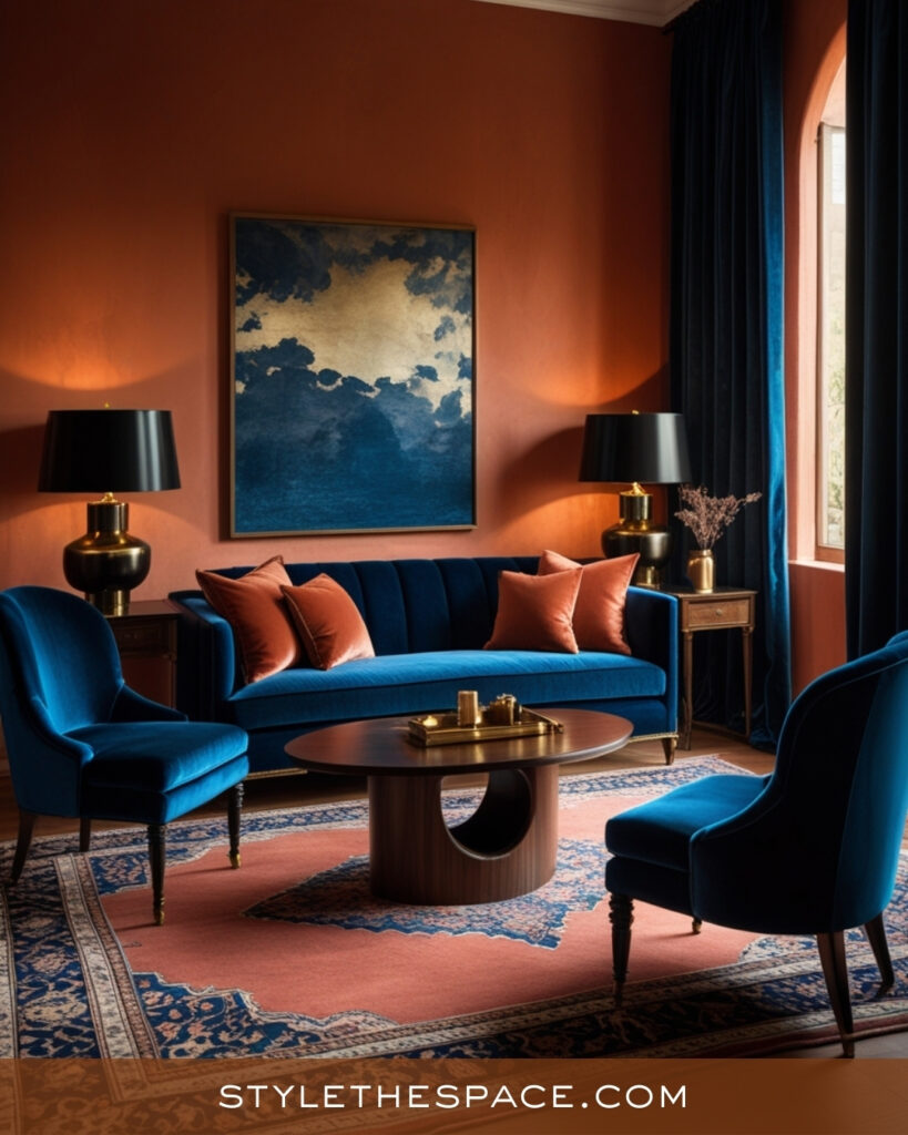 Terracotta Living Room With Deep Blue and Warm Brass Accents