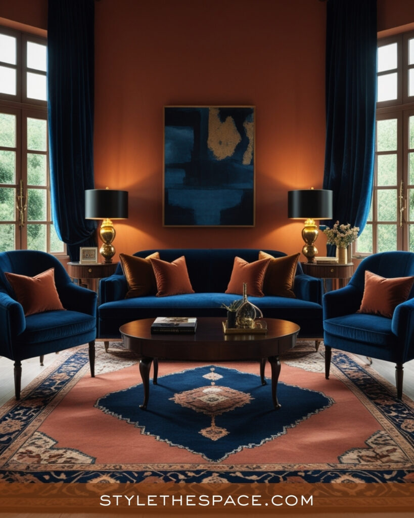 Terracotta Living Room With Deep Blue and Warm Brass Accents