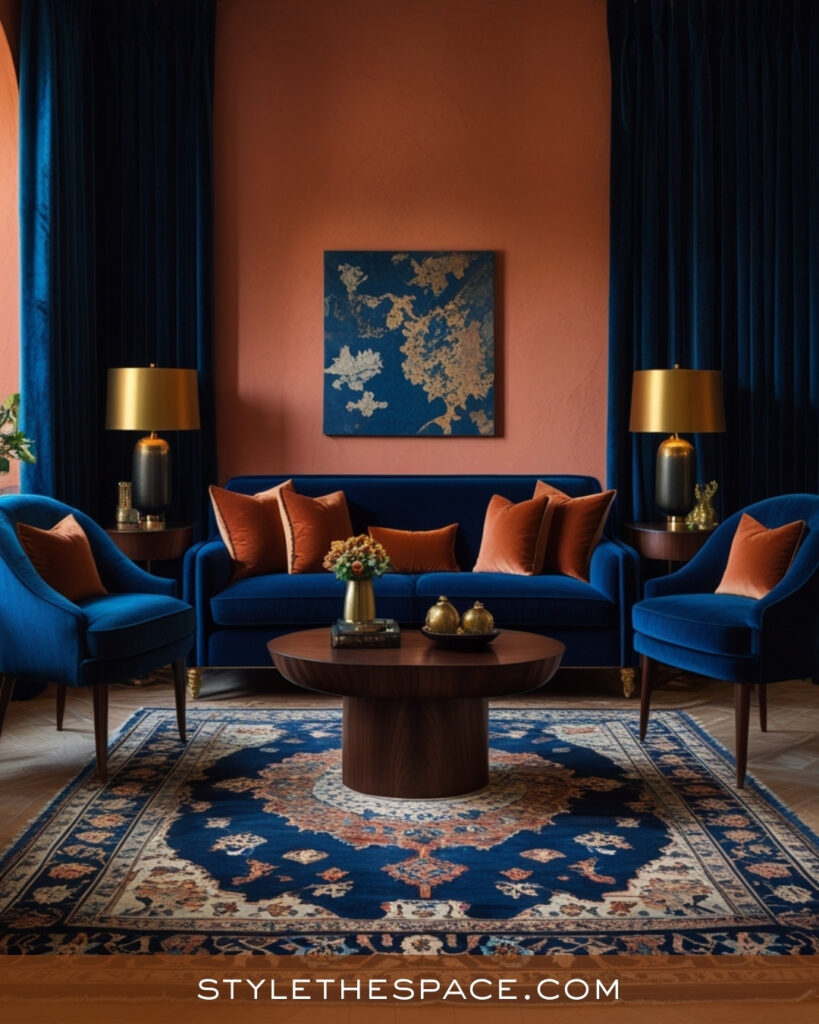 Terracotta Living Room With Deep Blue and Warm Brass Accents