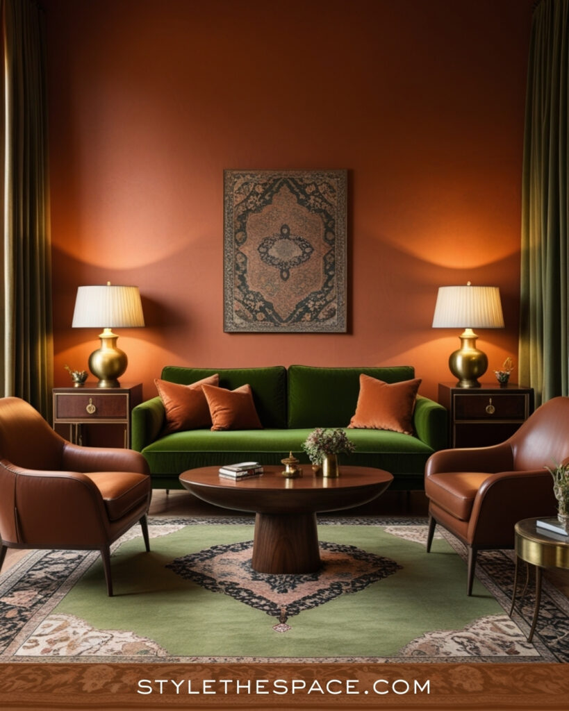 Terracotta Living Room With Olive Green and Leather Accents