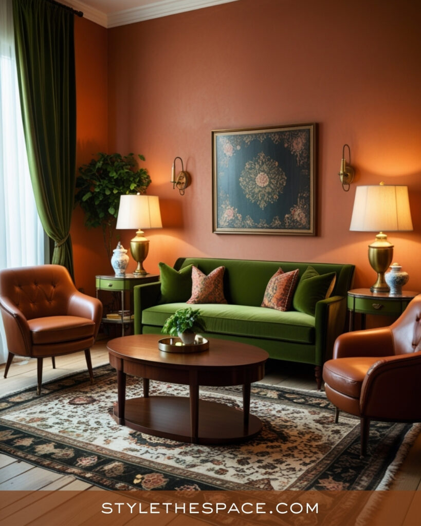 Terracotta Living Room With Olive Green and Leather Accents