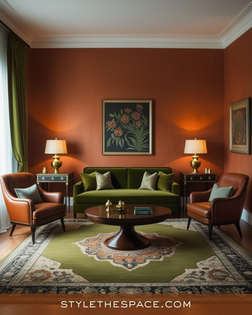 Terracotta Living Room With Olive Green and Leather Accents