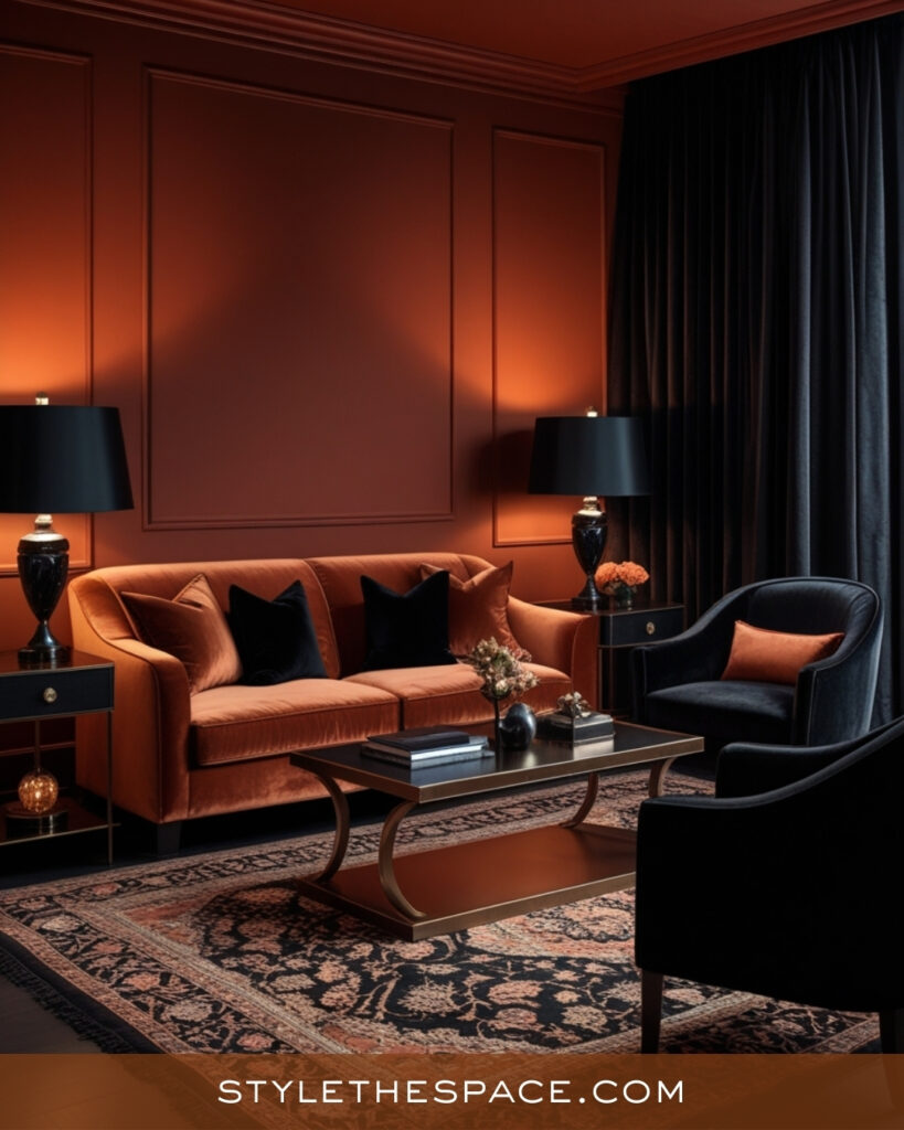 Elegant Terracotta Living Room With Black and Velvet Details