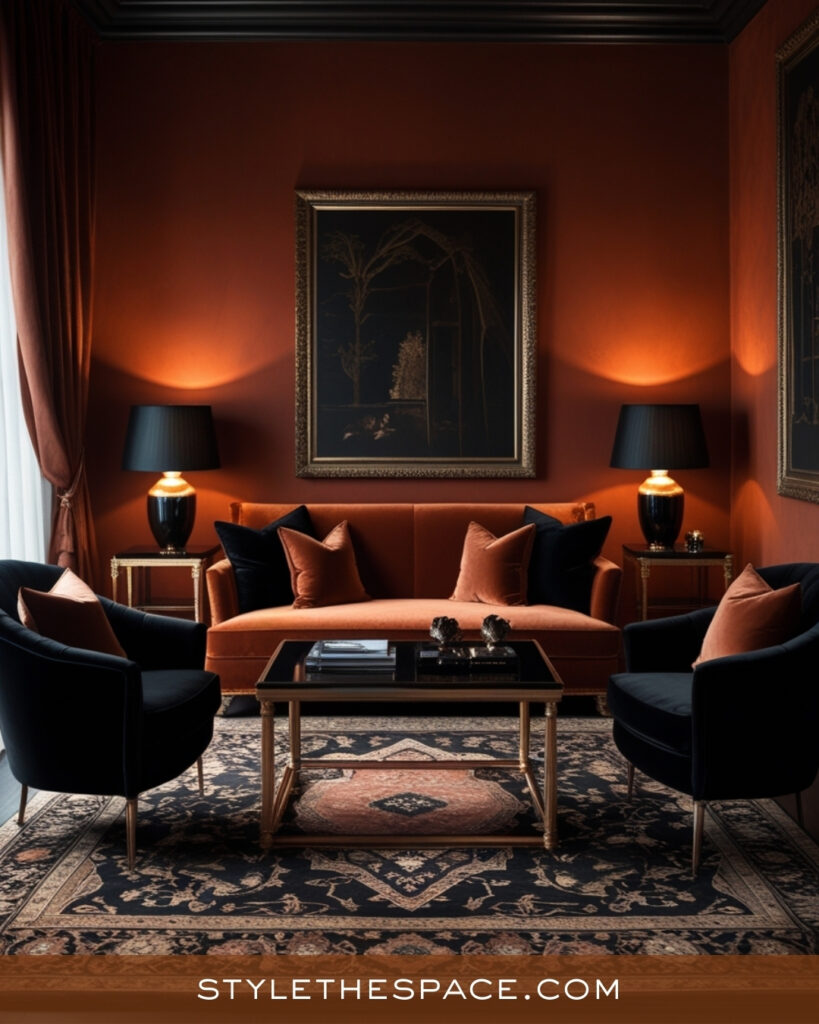 Elegant Terracotta Living Room With Black and Velvet Details