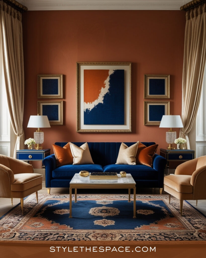 Classic Terracotta Living Room With Navy Blue and Warm Neutrals