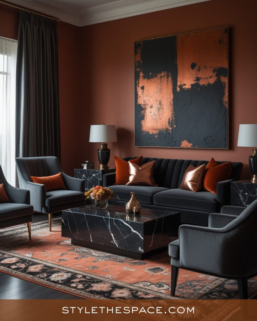 Terracotta Living Room With Charcoal and Warm Metallic Accents