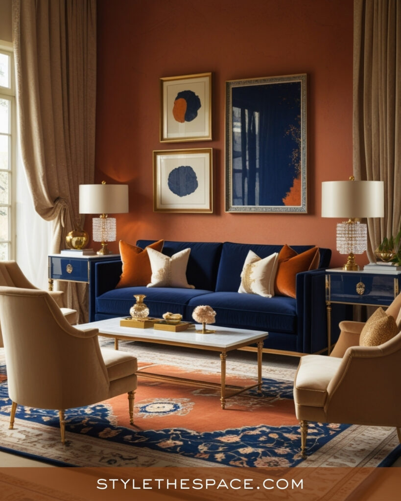 Classic Terracotta Living Room With Navy Blue and Warm Neutrals