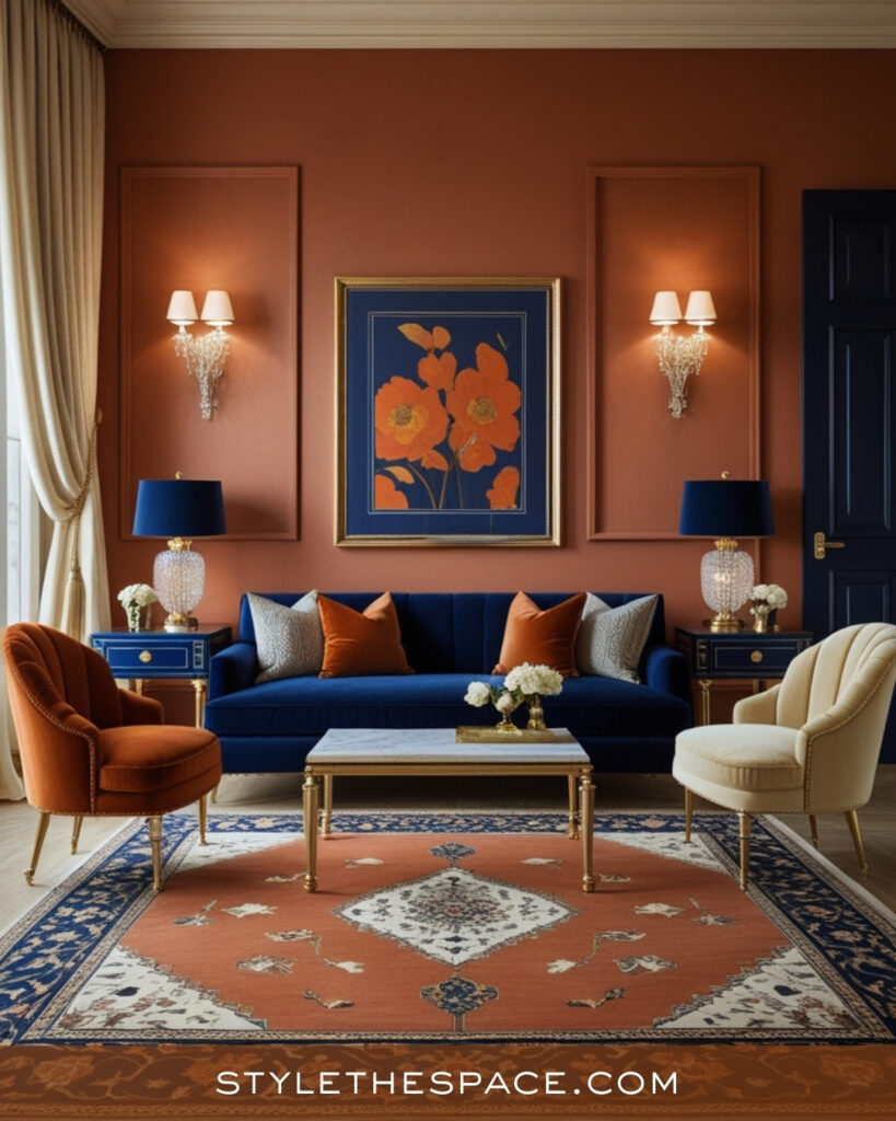 Classic Terracotta Living Room With Navy Blue and Warm Neutrals