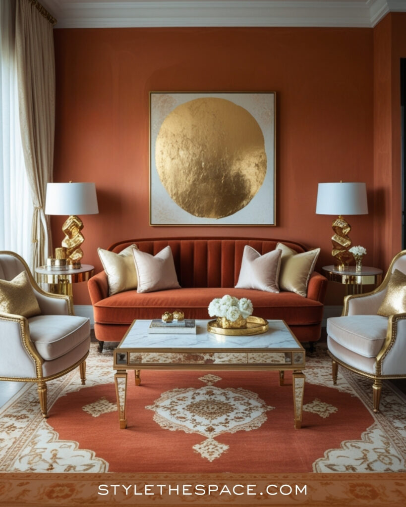 Elegant Terracotta Living Room With Gold and Soft Neutrals