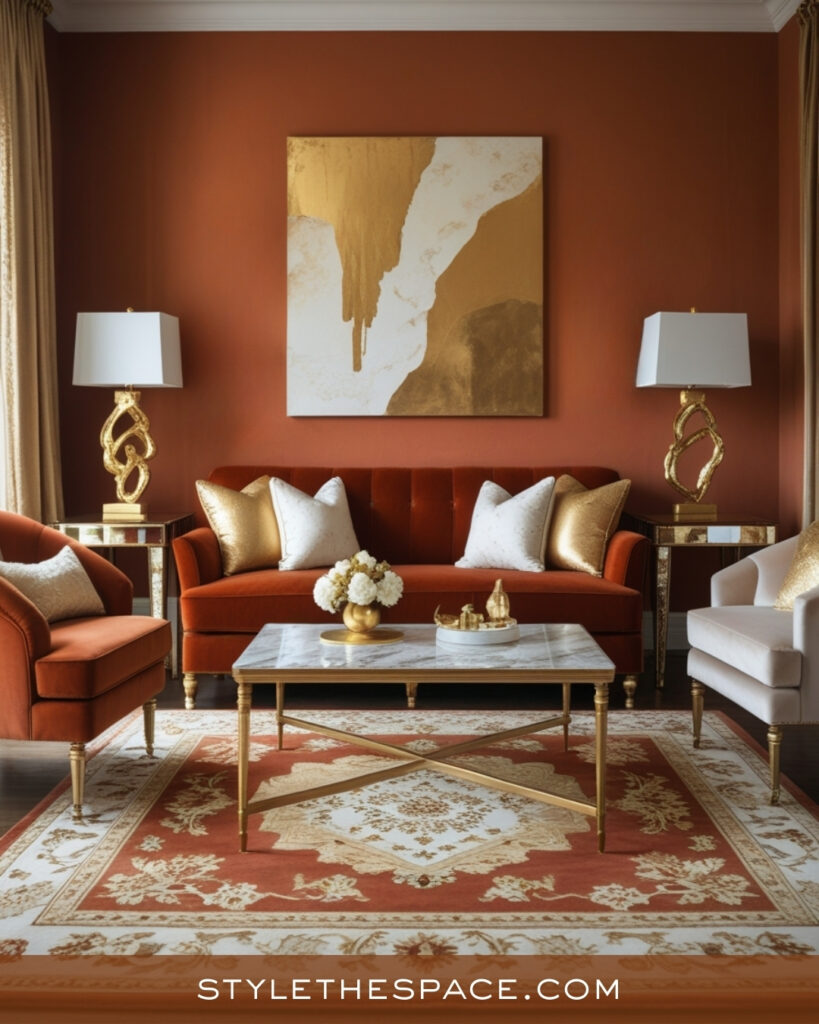Elegant Terracotta Living Room With Gold and Soft Neutrals