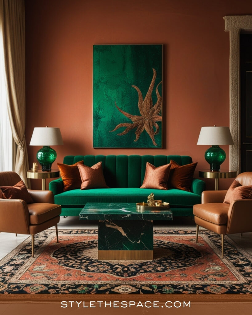 Terracotta Living Room With Emerald Green and Warm Leather