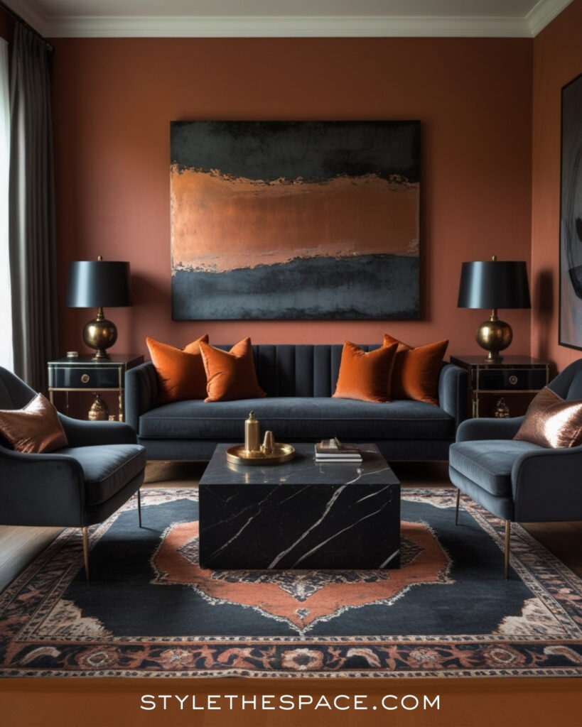 Terracotta Living Room With Charcoal and Warm Metallic Accents