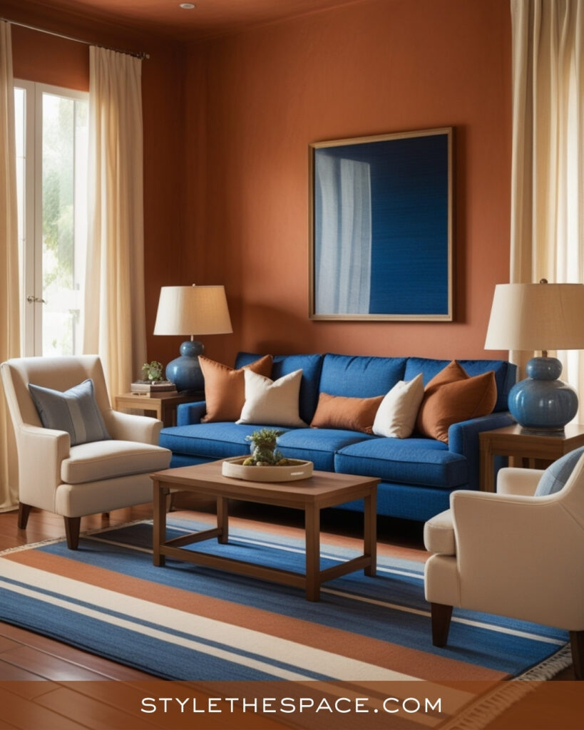 Terracotta Living Room With Soft Blue and Cozy Neutrals