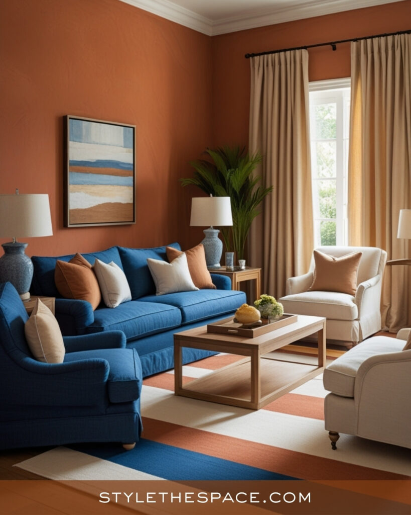 Terracotta Living Room With Soft Blue and Cozy Neutrals