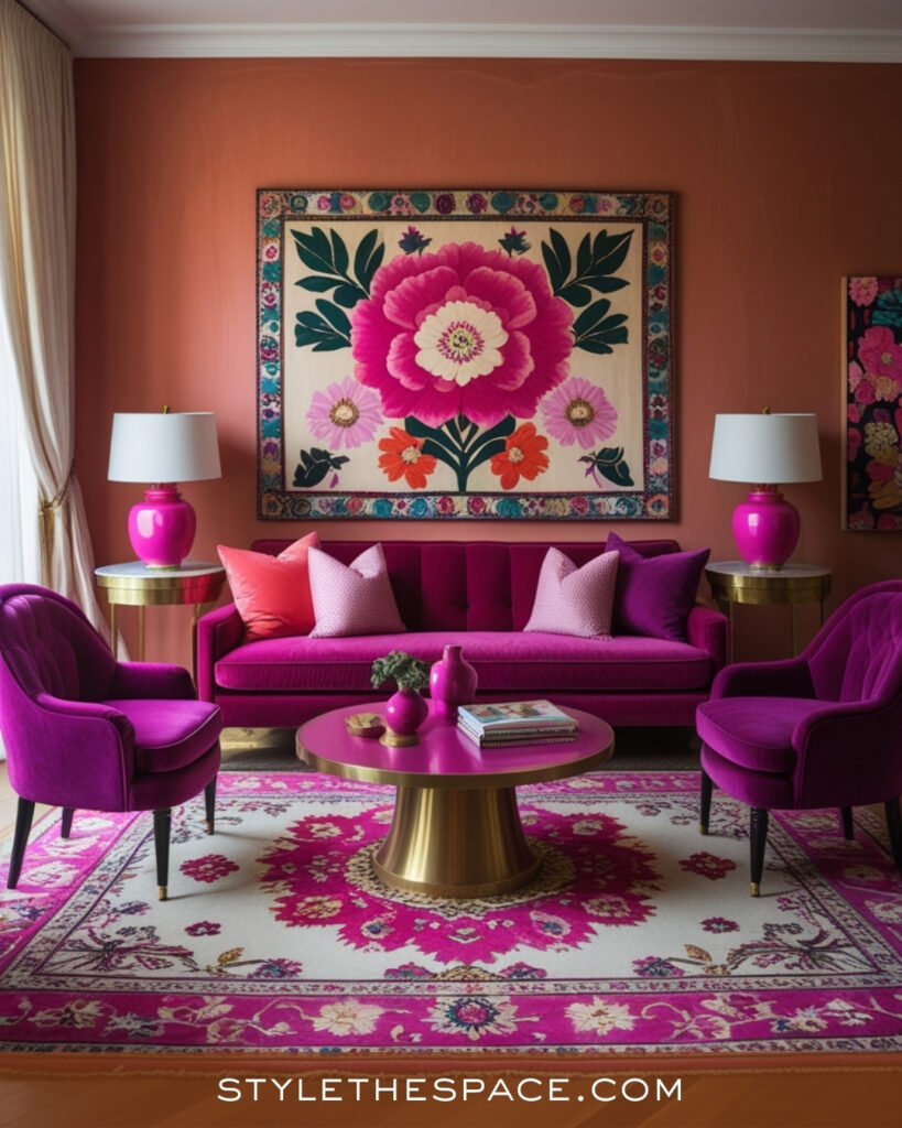Bold Terracotta Living Room With Pink and Magenta Accents