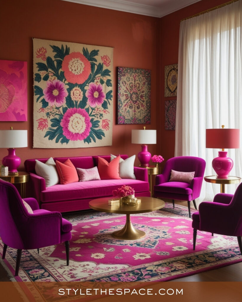 Bold Terracotta Living Room With Pink and Magenta Accents