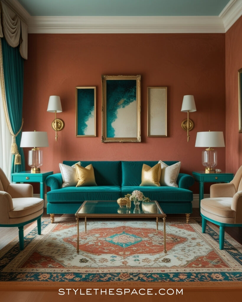 Terracotta Living Room With Teal and Gold Accents