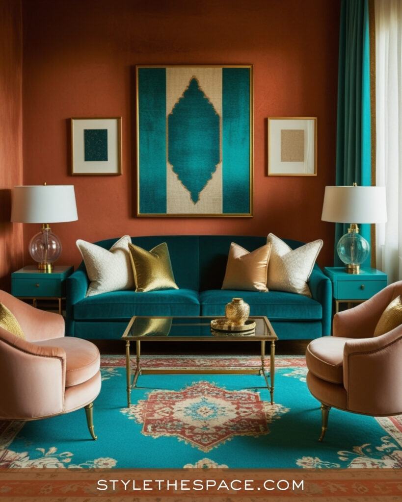 Terracotta Living Room With Teal and Gold Accents