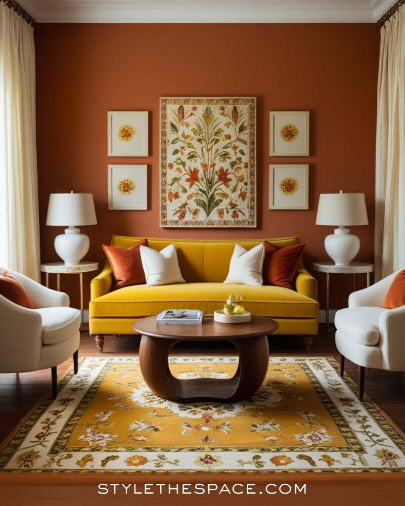Terracotta Living Room With Mustard Yellow and Soft Neutrals