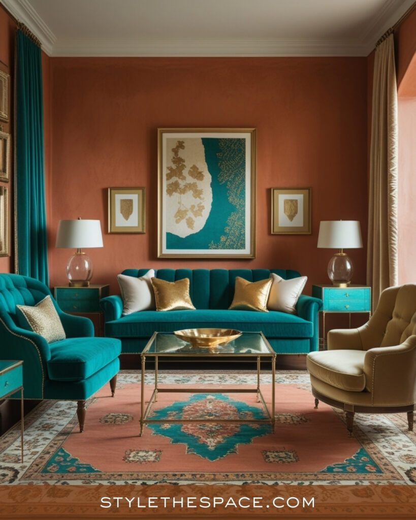 Terracotta Living Room With Teal and Gold Accents