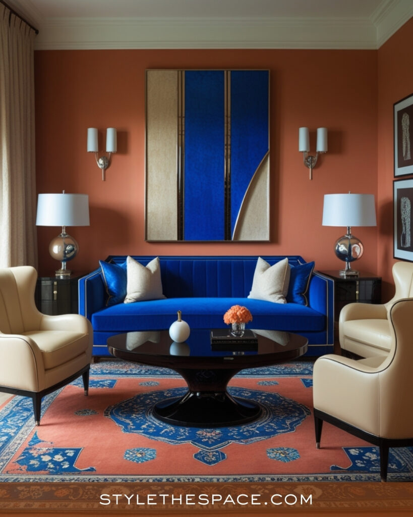 Terracotta Living Room With Royal Blue and Cream Accents