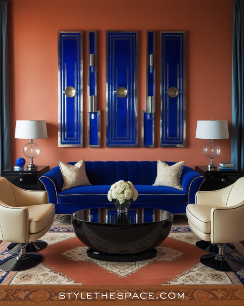 Terracotta Living Room With Royal Blue and Cream Accents