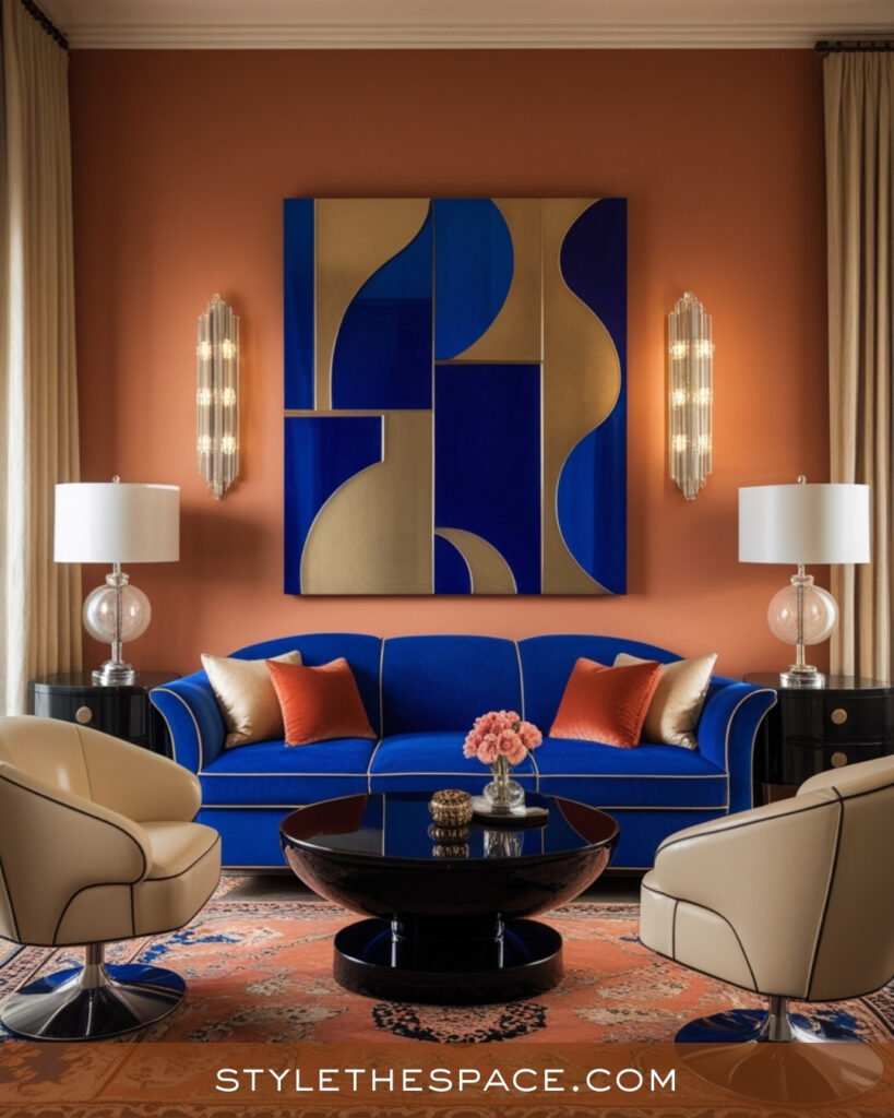 Terracotta Living Room With Royal Blue and Cream Accents