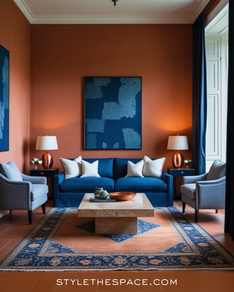 Terracotta Living Room With Blue and Copper Accents