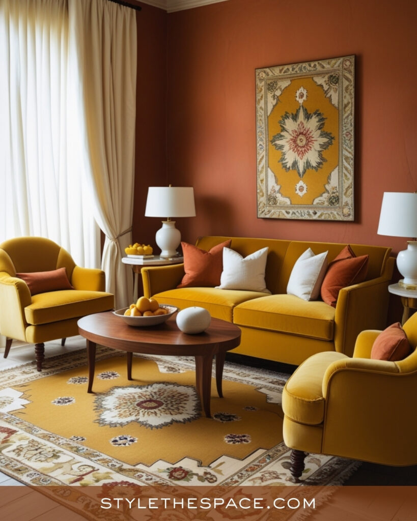 Terracotta Living Room With Mustard Yellow and Soft Neutrals
