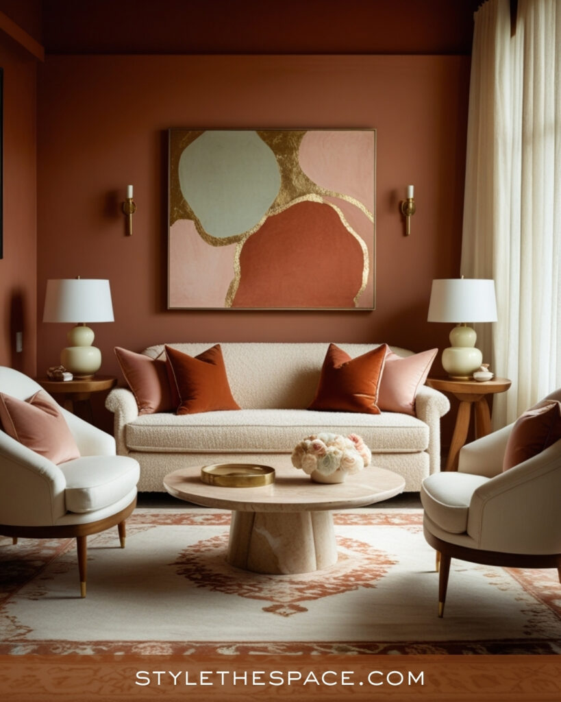 Warm Terracotta Living Room With Soft Neutrals and Blush Accents