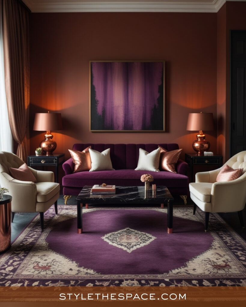 Terracotta Living Room With Plum and Warm Metallic Accents
