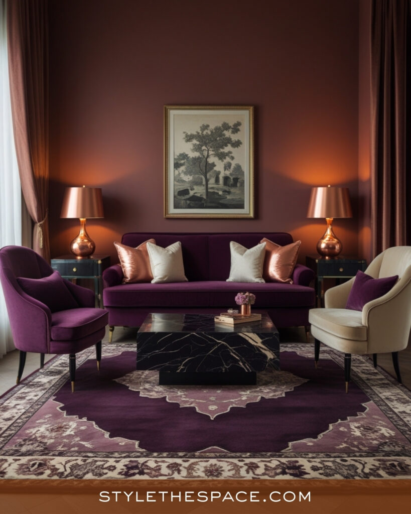 Terracotta Living Room With Plum and Warm Metallic Accents