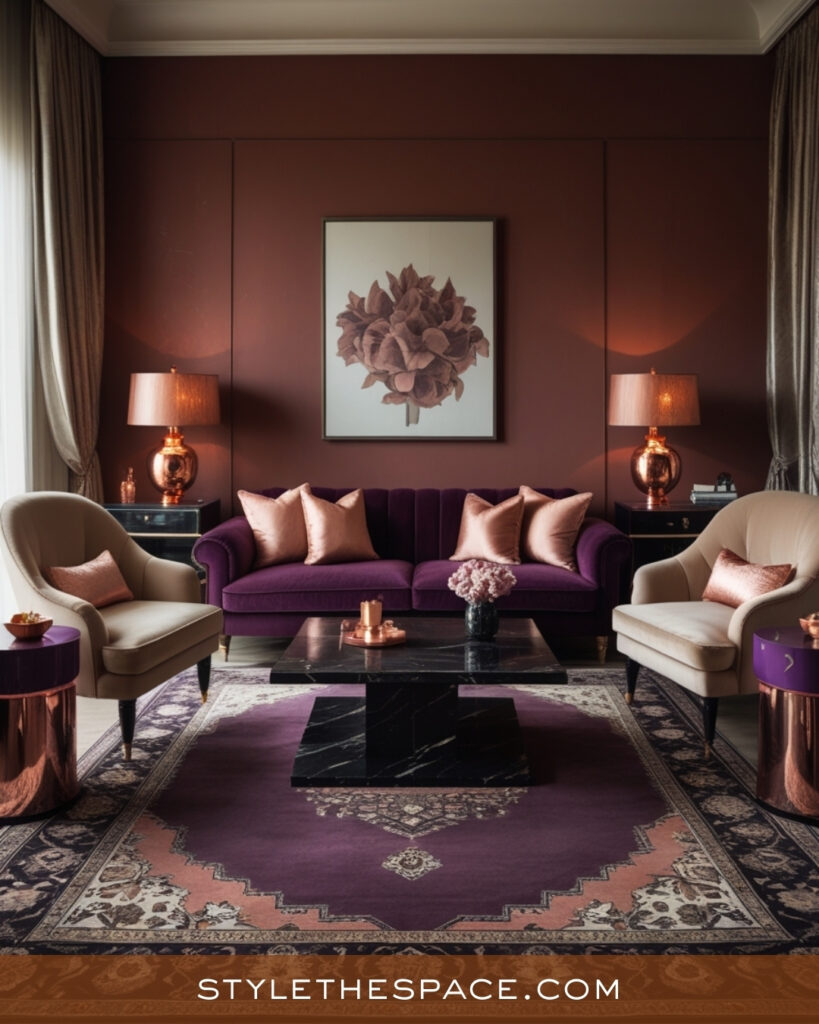 Terracotta Living Room With Plum and Warm Metallic Accents