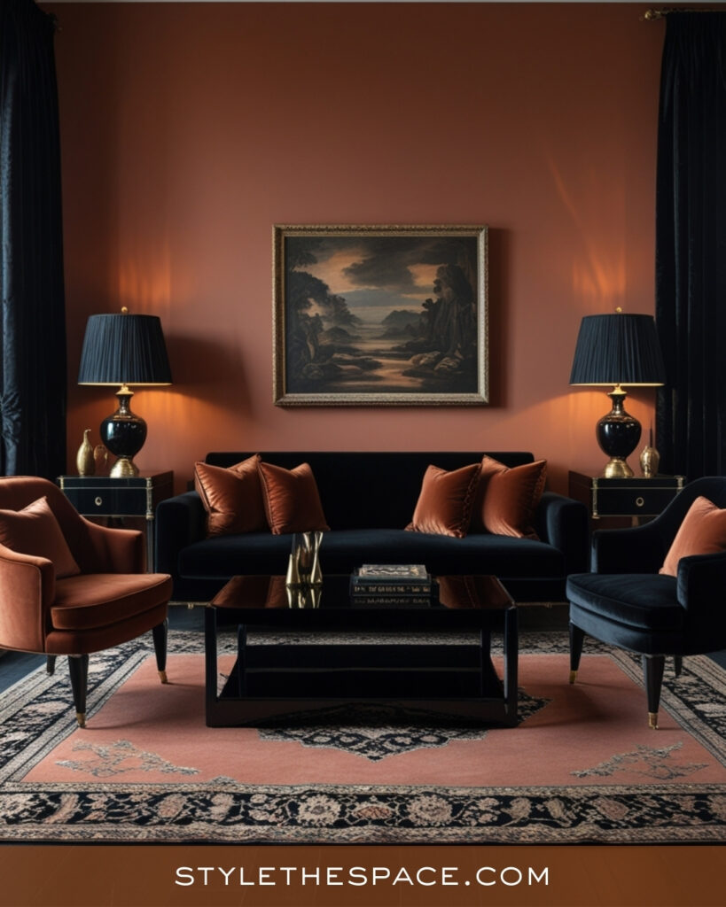 Terracotta Living Room With Black and Copper Accents