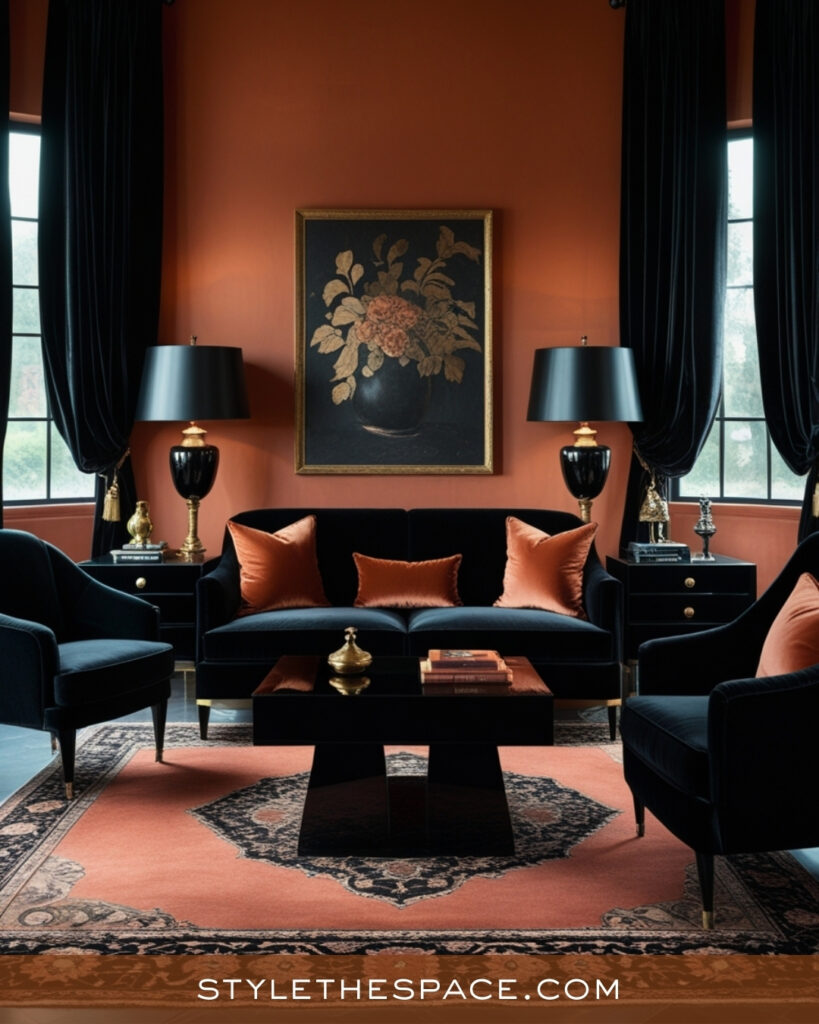 Terracotta Living Room With Black and Copper Accents