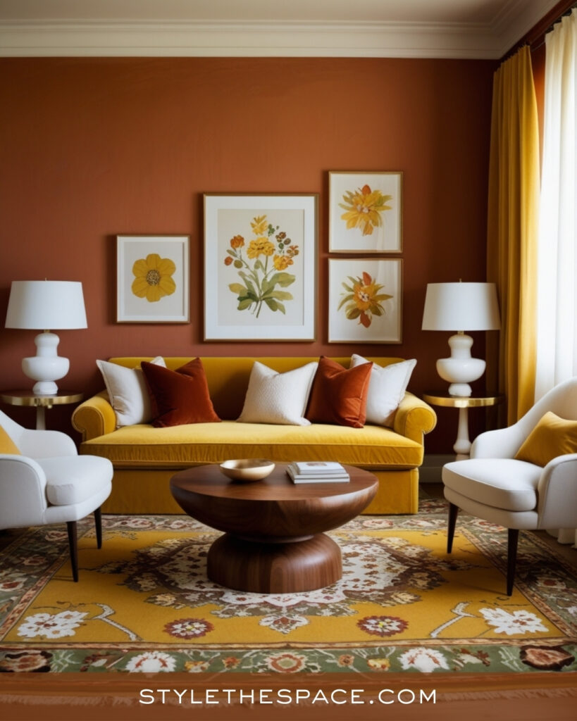 Terracotta Living Room With Mustard Yellow and Soft Neutrals
