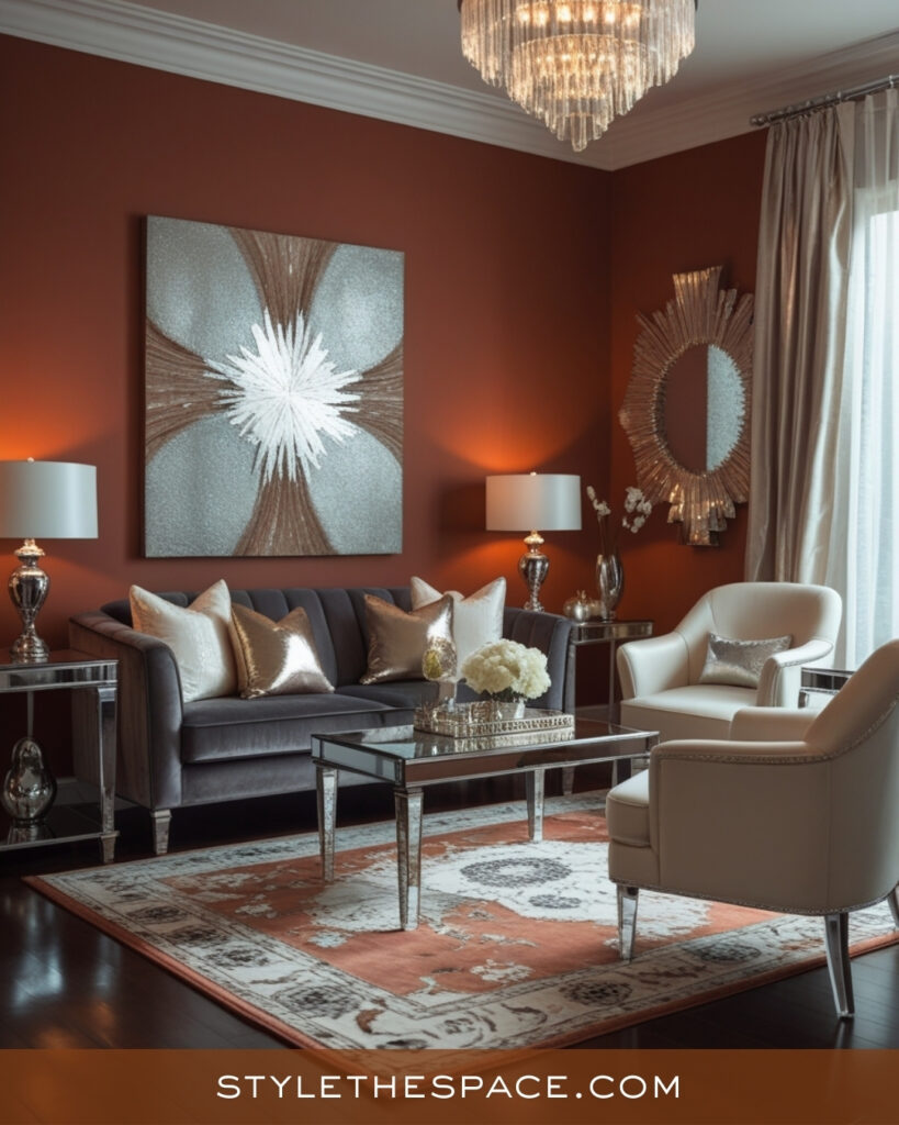 Glam Terracotta Living Room With Silver and Cream Accents