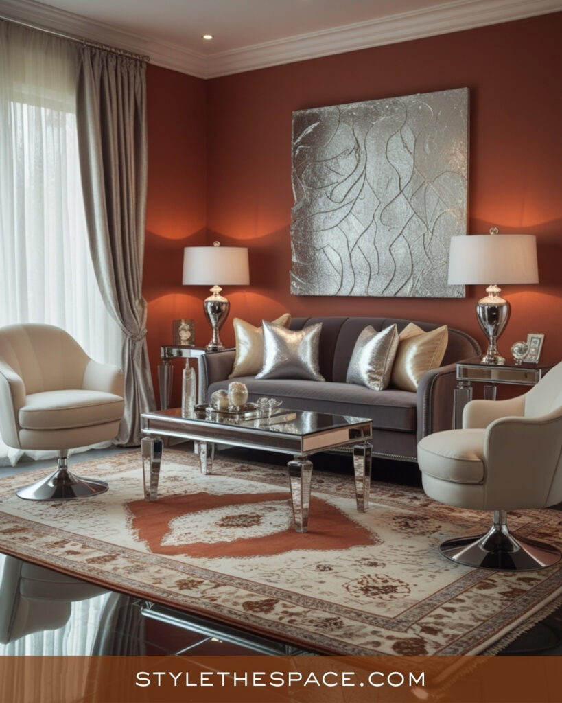 Glam Terracotta Living Room With Silver and Cream Accents
