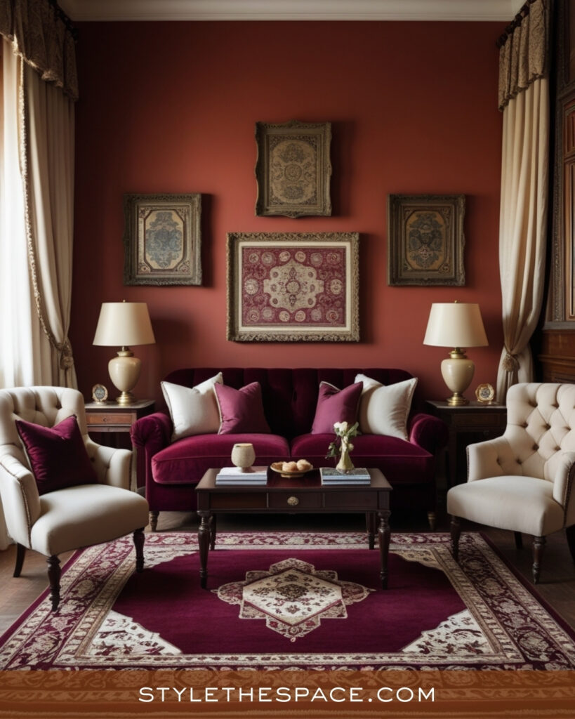 Classic Terracotta Living Room With Burgundy and Cream