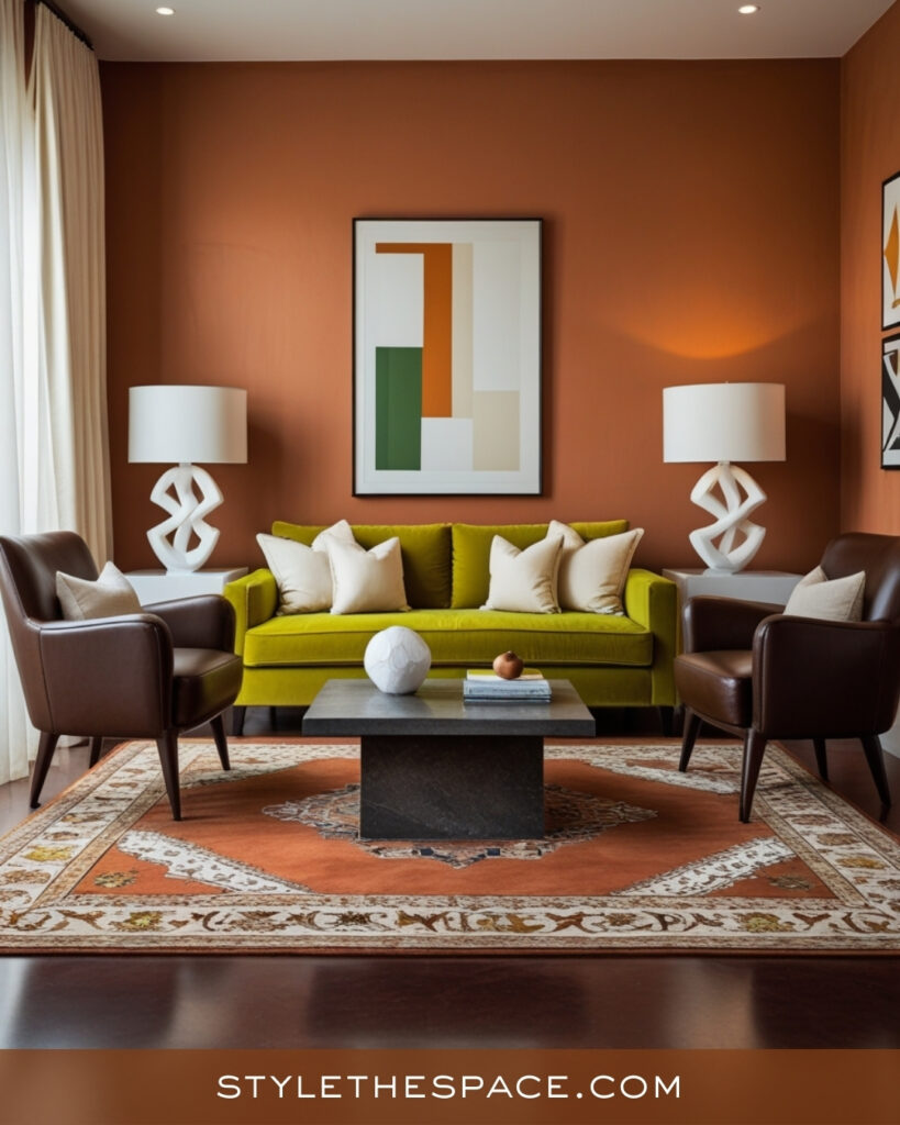 Terracotta Living Room With Olive Green and Earthy Neutrals