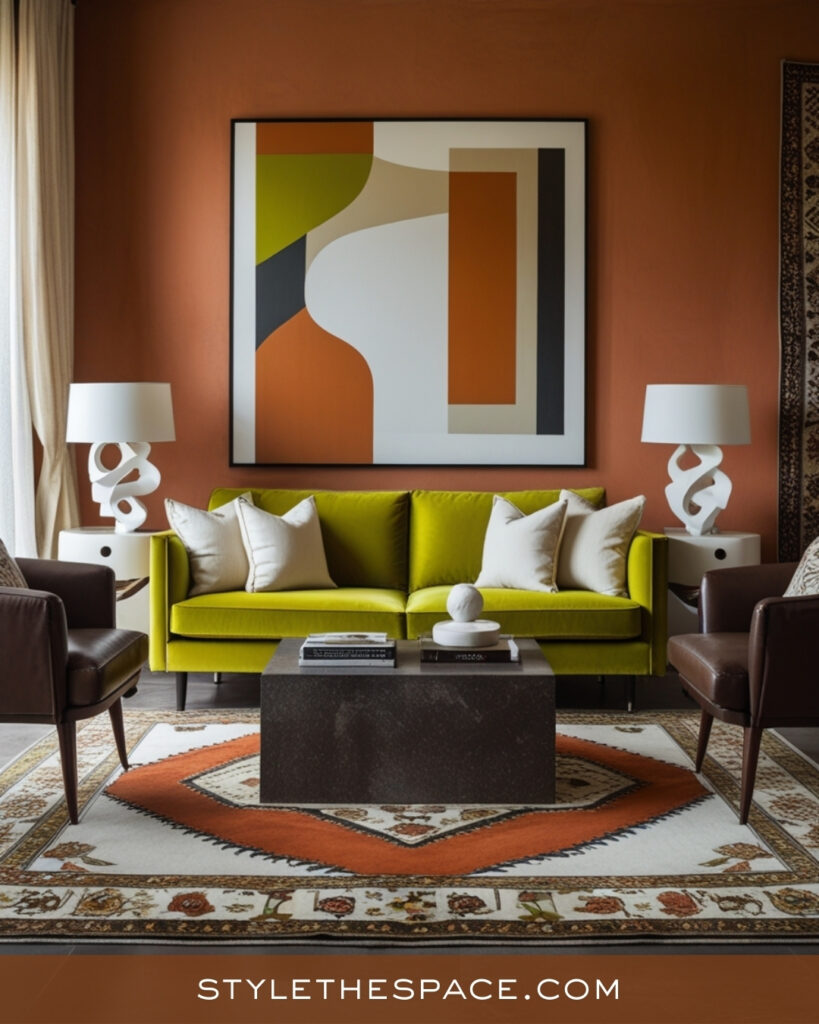 Terracotta Living Room With Olive Green and Earthy Neutrals