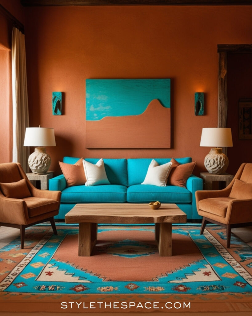 Terracotta Living Room With Turquoise and Warm Wood Accents