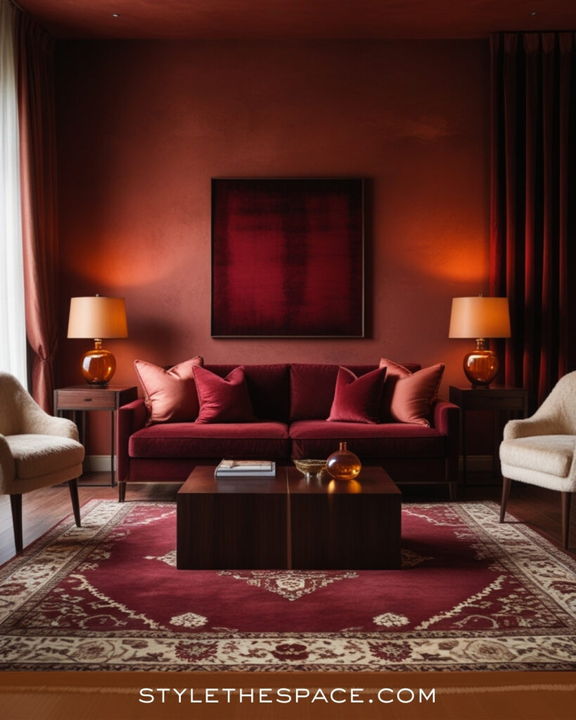Moody Terracotta Living Room With Burgundy and Warm Neutrals