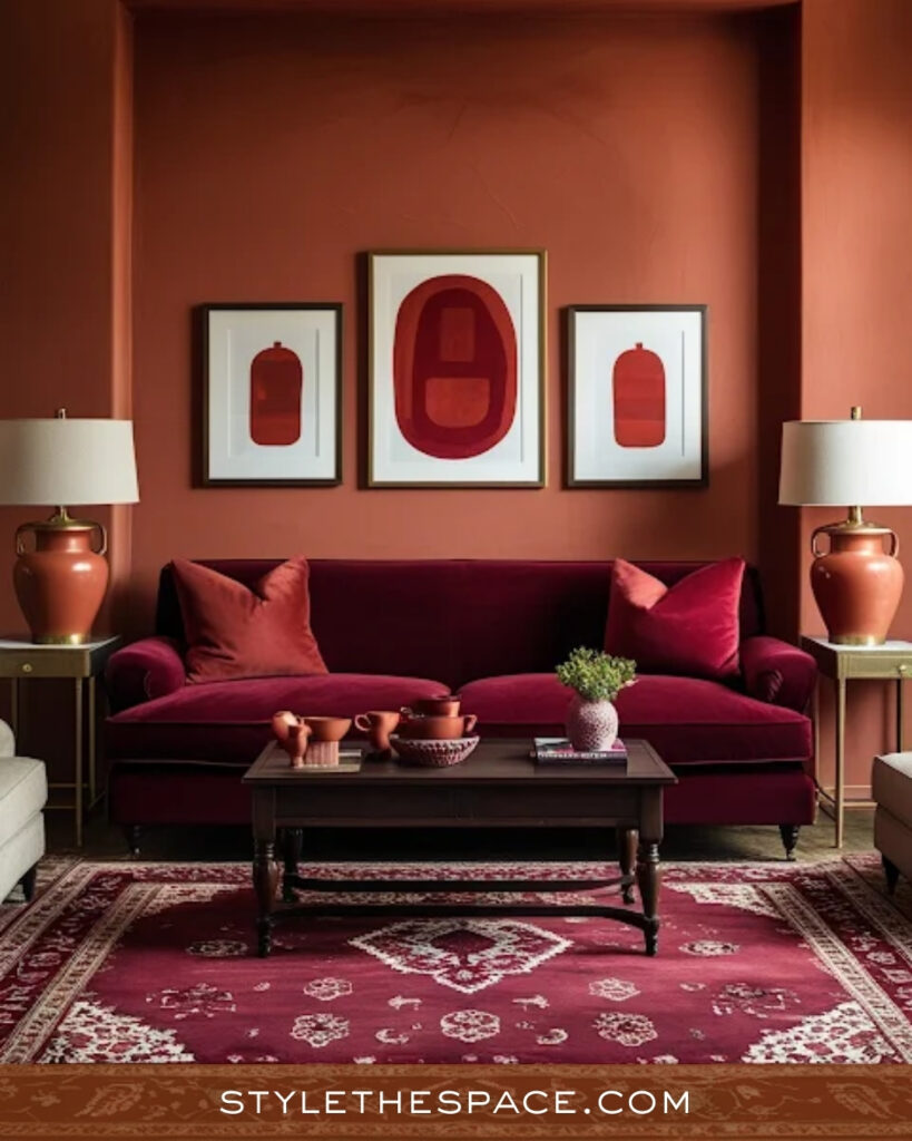 Moody Terracotta Living Room With Burgundy and Warm Neutrals