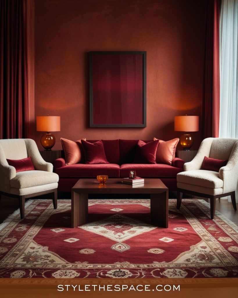 Moody Terracotta Living Room With Burgundy and Warm Neutrals