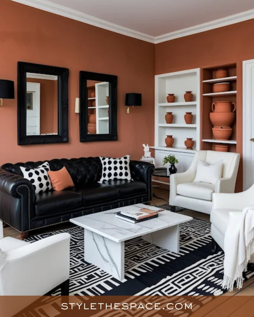 Terracotta Living Room With Black, White, and Rustic Accents